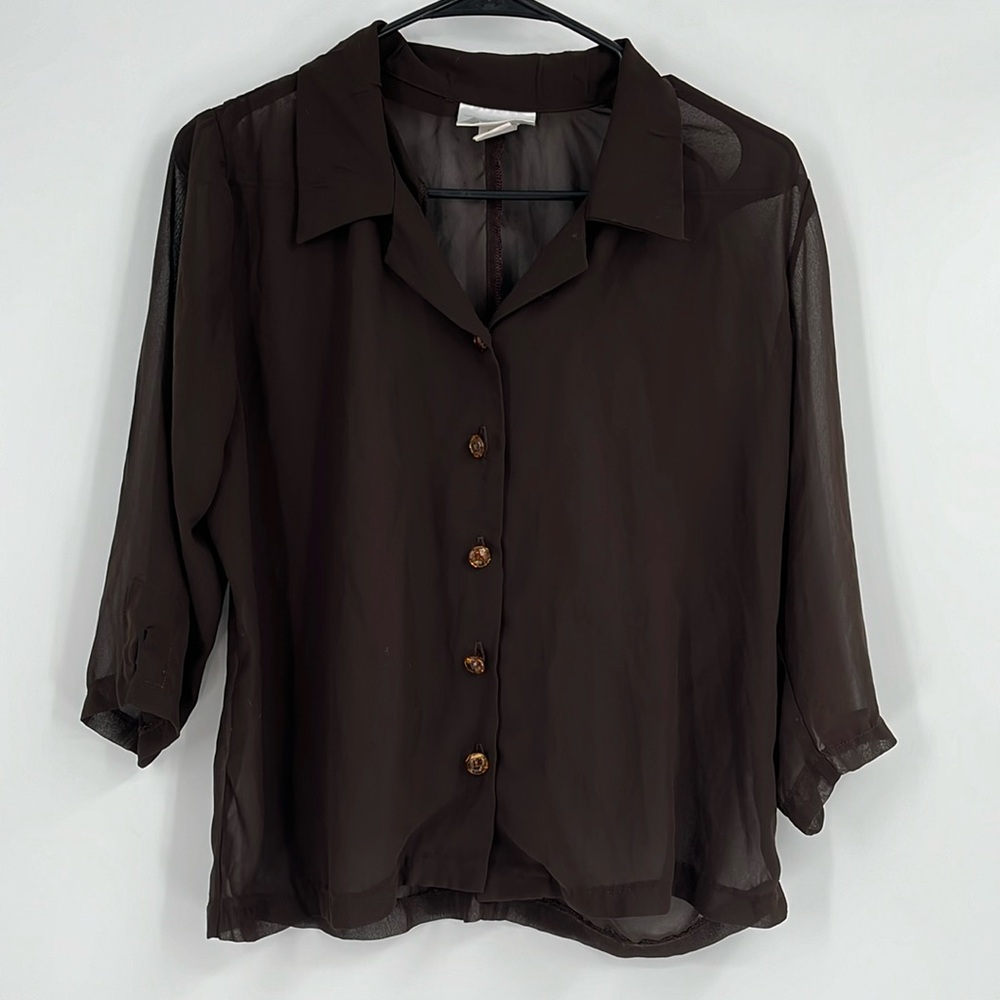 Vintage Zoe Brown Cropped Button Up 3/4 Sleeve Top Size Small